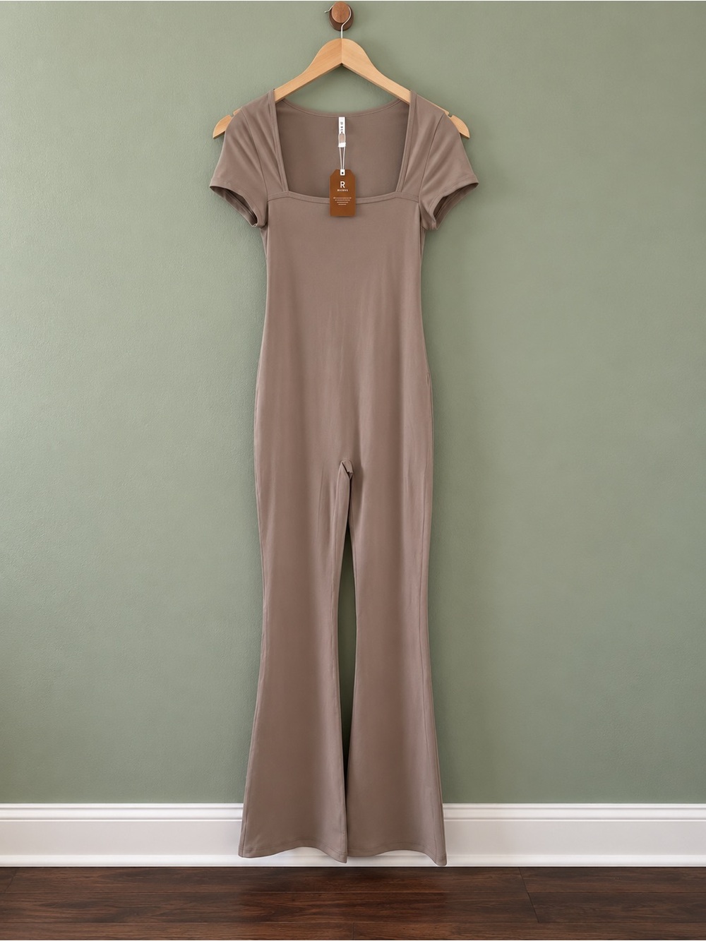 Reoria Taupe Short-Sleeve Square-Neck Flared Jumpsuit